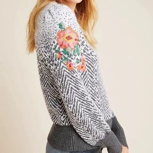 Anthropologie Karolina Sweater white green embroidered floral wool acrylic